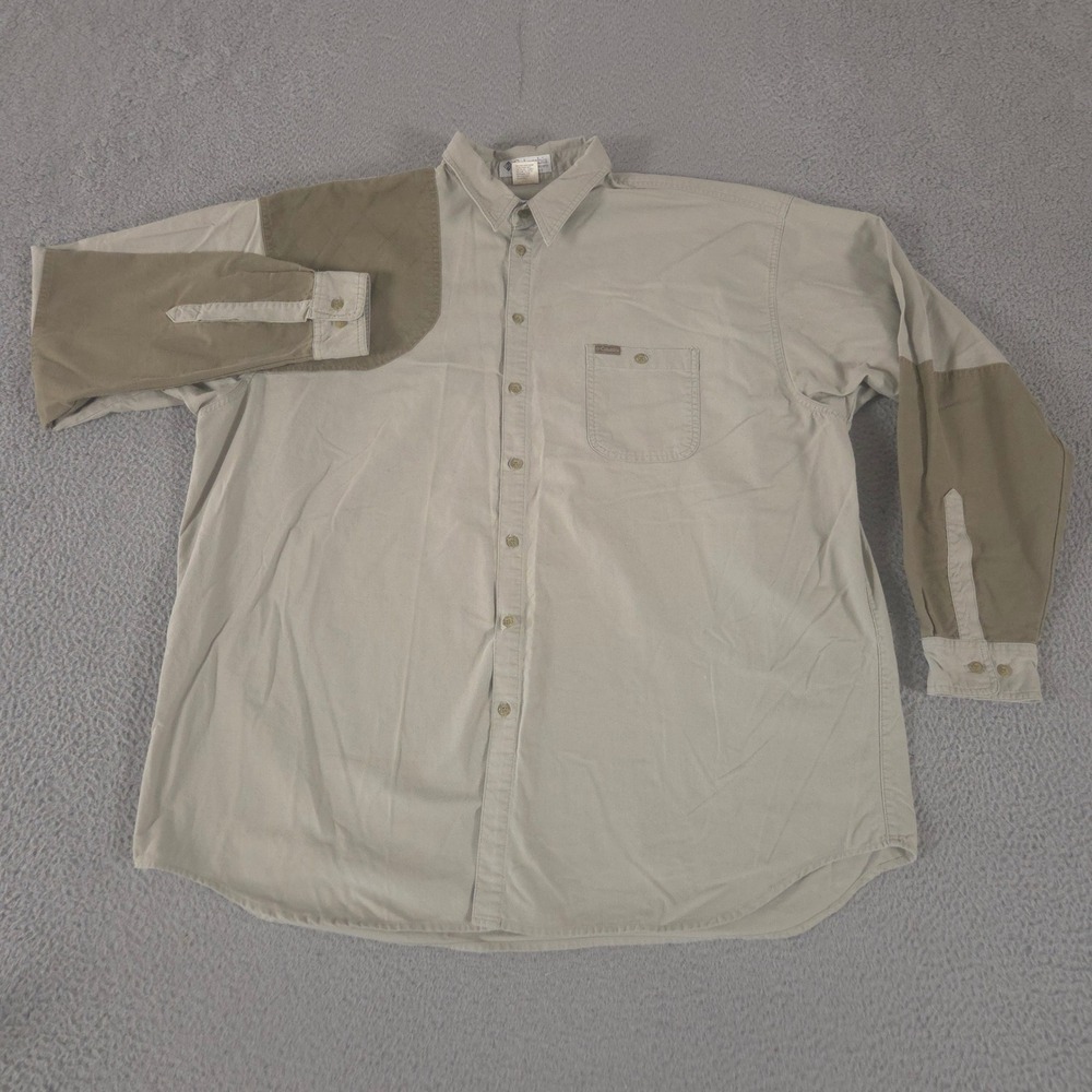 VINTAGE Columbia Shirt Mens XXL Tan Briarshun Padded Shoulder Shooting Hunt 90s